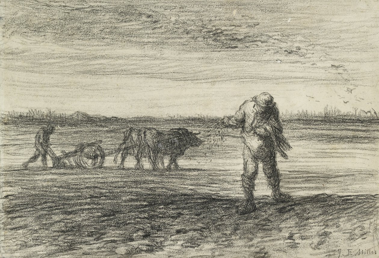 Çiftçilik yapan adam ve başka bir ekim, 1849 - 1852 (dokuma kağıt üzerine siyah mum boya) by Jean Francois Millet