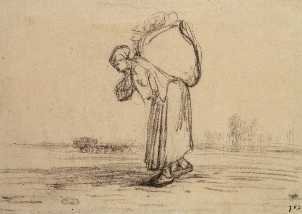 Sırtında çuval taşıyan kadın (kağıt üzerinde siyah pastel boya) by Jean Francois Millet