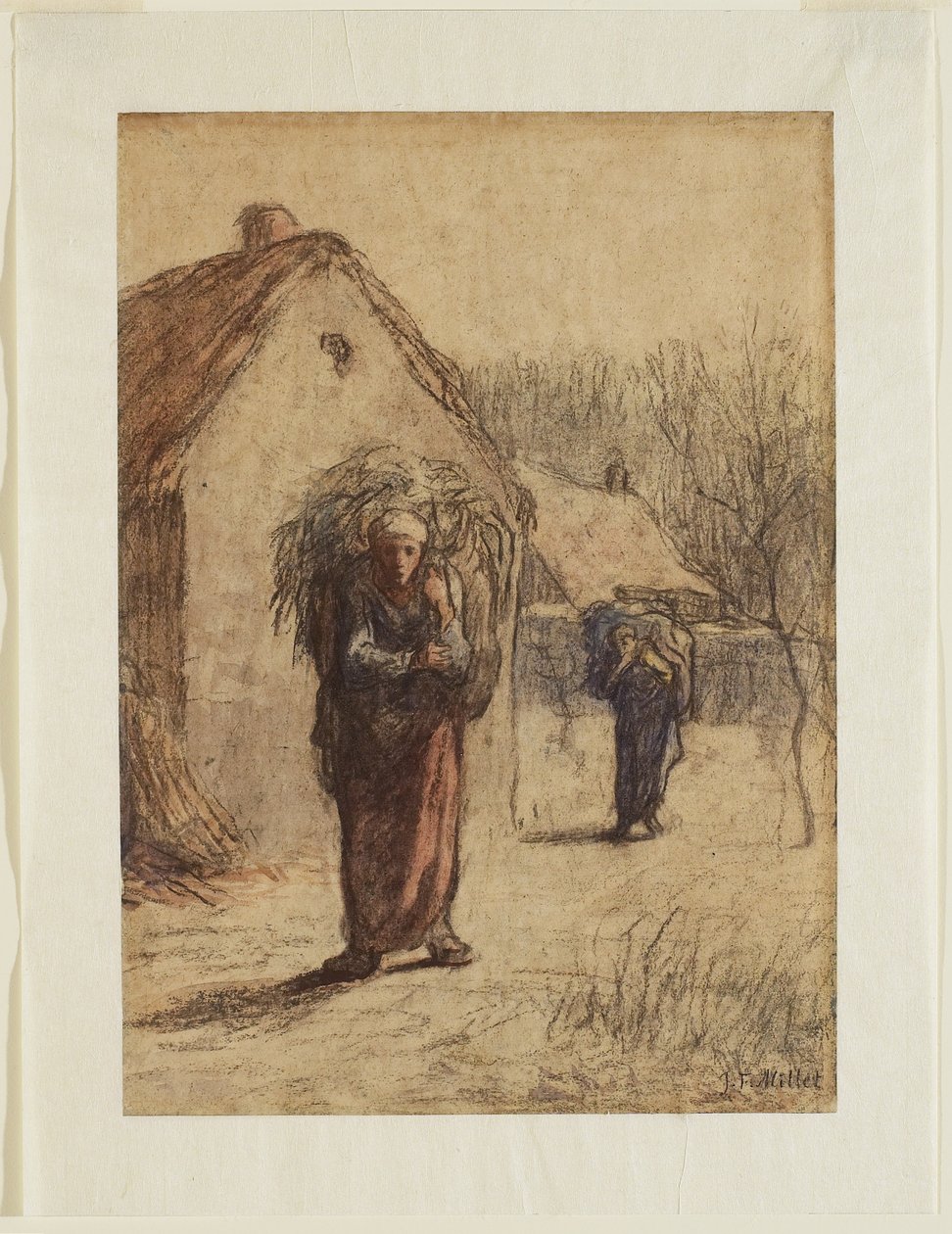 Women Carrying Loads of Dried Grasses at the Entrance to a Village, 1850s (charcoal, chalk & wc on laid paper) by Jean Francois Millet