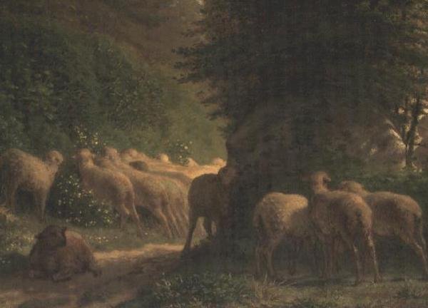Bir çit boyunca otlayan koyunlar by Jean Francois Millet