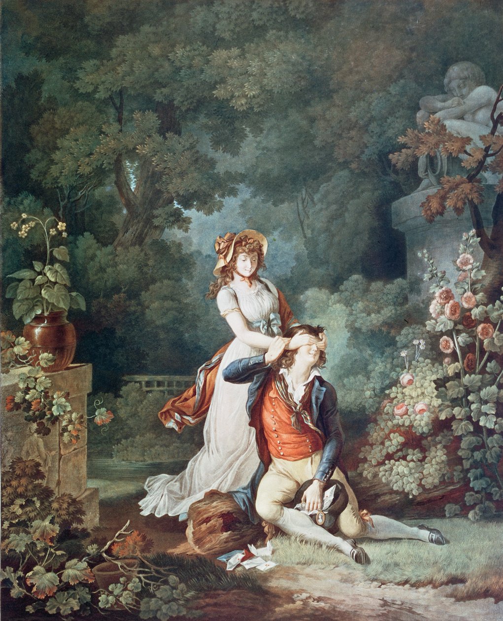 The Lover Surprised, Charles Melchior Descourtis (1753-1820) tarafından oyulmuş (renkli gravür) by Jean-Frederic (after) Schall