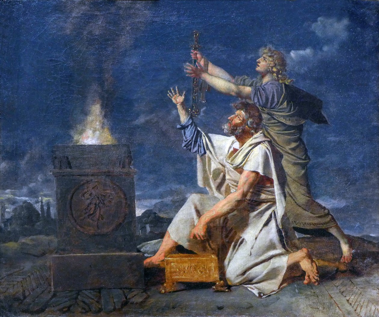 Babasının eşlik ettiği genç bir Romalı savaşçı, tanrılardan silahlarının başarısını ister, c.1780 (tuval üzerine yağlı boya) by Jean Germain Drouais