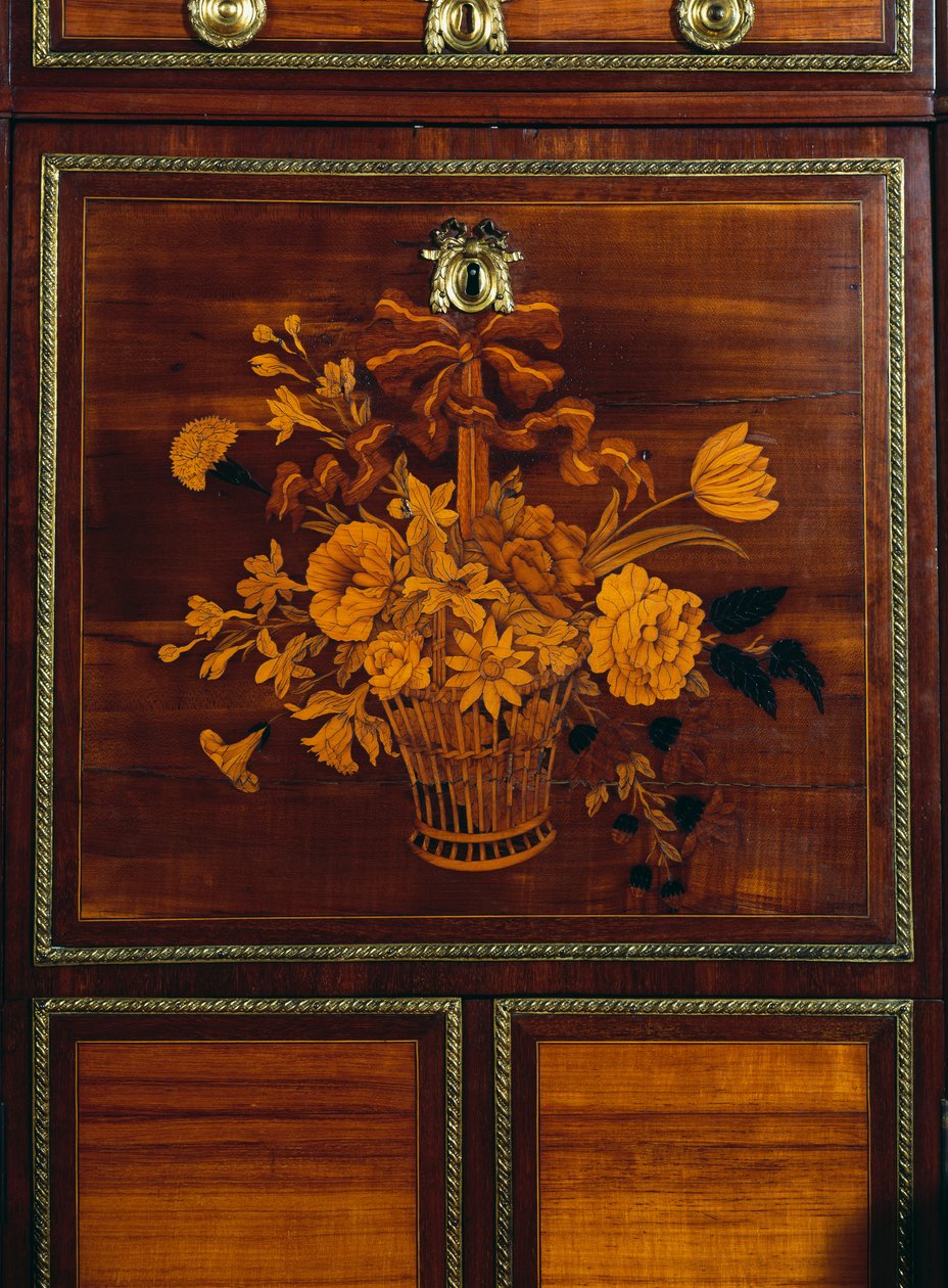 Çiçek sepeti, Louis XVI stili saten ağacı ve amaranth yazı masası üzerindeki kakmadan detay, Jean-Henri Riesener (1734-1806), Fransa tarafından imzalandı by Jean Henri Riesener