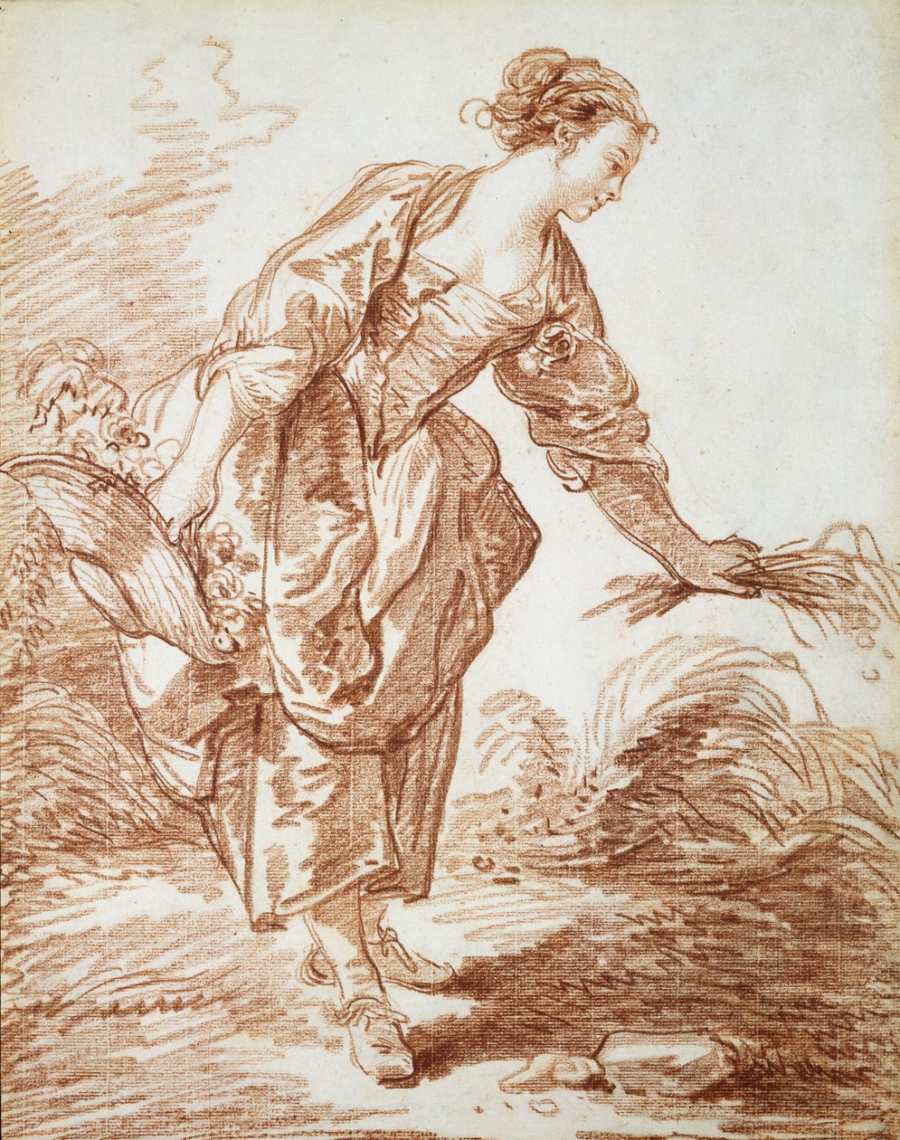 La Jardiniere (kağıt üzerine kırmızı tebeşir) by Jean Honore Fragonard