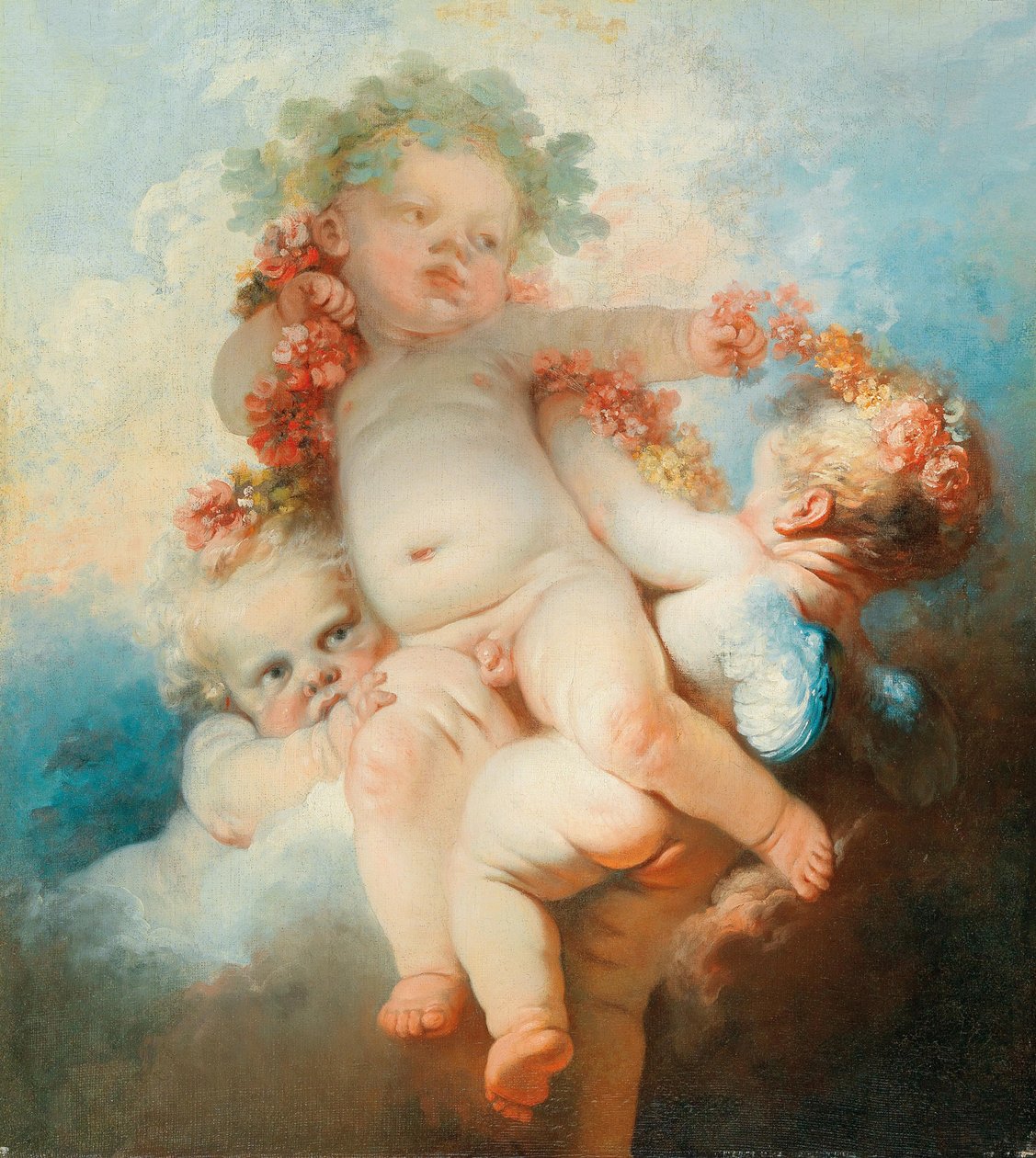 Çiçeklerle süslenmiş üç macun (tuval üzerine yağlıboya) by Jean Honore Fragonard