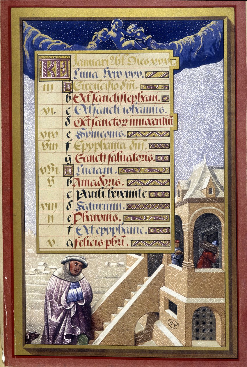 Ocak: Kışın ev (Kova) - Jean Bourdichon'un Anne of Brittany'nin Saatlerinin tıpkıbasımı by Jean (after) Bourdichon