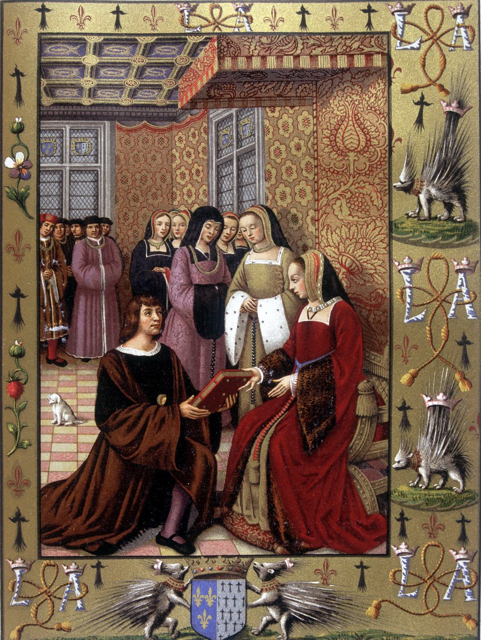 Jean Marot, Le Voyage de Genes adlı kitabını Brittany Kraliçesi Anne'ye sunarken Jean Bourdichon tarafından yapılan bir aydınlatmadan sonra, yaklaşık 1508 by Jean (after) Bourdichon