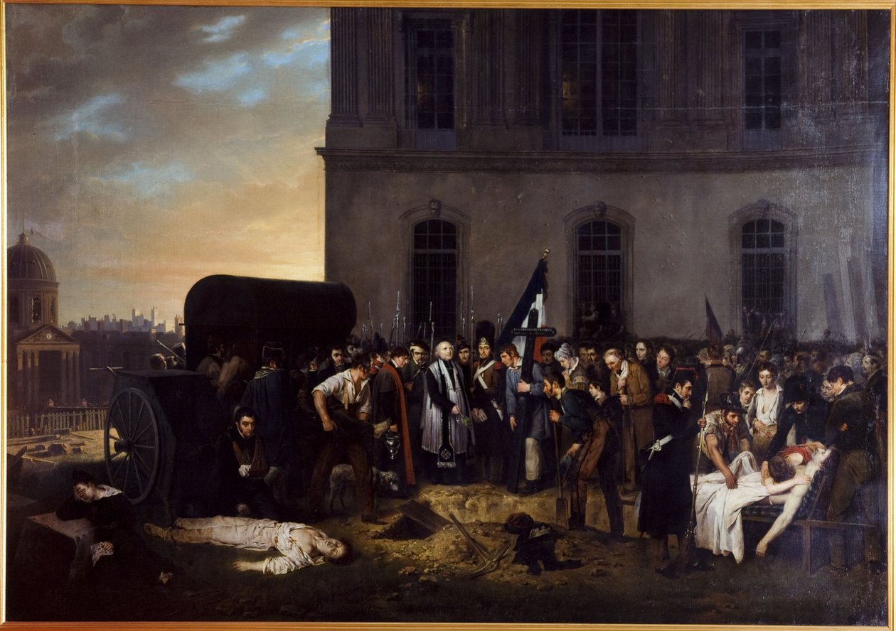 Temmuz kurbanlarının Louvre sütun dizisinin önüne geçici olarak gömülmesi by Jean Alphonse Roehn