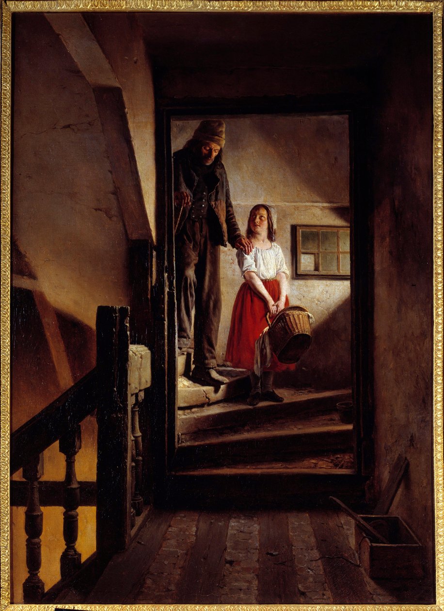 Yaşlılık sopası Küçük bir kız, yaşlı bir adama merdivenden inmesine yardım ediyor. Resim Jean Alphonse Roehn (1799-1864) 1852 Rouen, Musee des Beaux Arts by Jean Alphonse Roehn