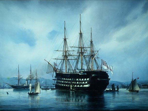 Bir limanda demirlemiş bir İngiliz savaş gemisi by Jean Altamura