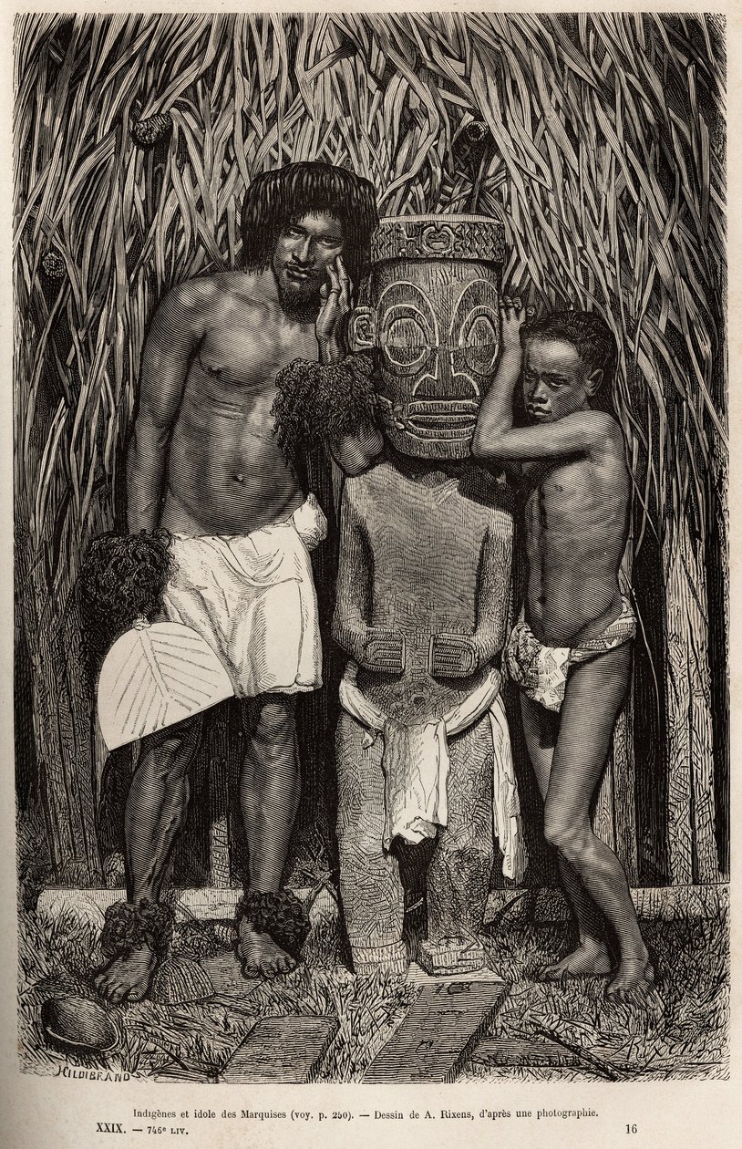 Hiva-Oa (Hiva Oa) adasının bir sakini ve oğlu, Marquesas Adaları takımadalarında tanrı Tiki