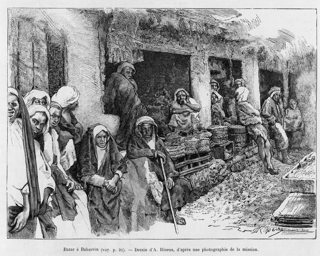 Bazaar a Bahreyn, Çad. A Suse hikayesini göstermek için A.Rixens tarafından yapılan gravür, dergi des excavilles by Jean Andre Rixens