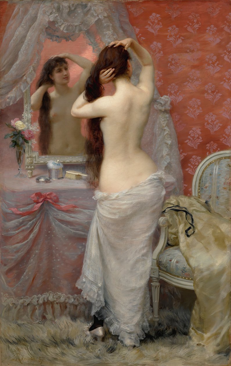 Bir iç mekanda saçlarını tarayan çıplak genç bir kadın, 1887. by Jean Andre Rixens