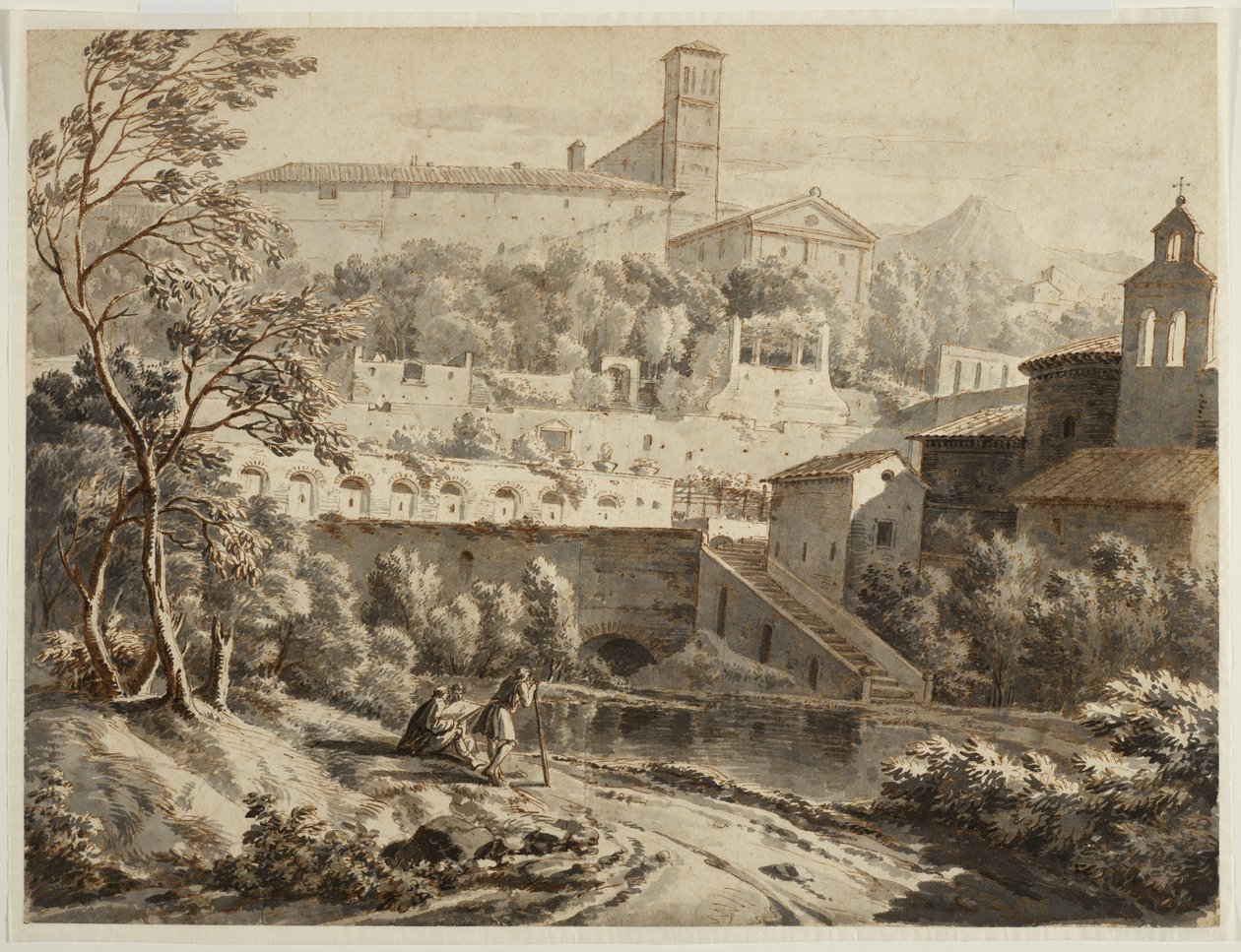 Bir İtalyan kasabasının altında, Nehir Kıyısı Boyunca Çizim Yapan Bir Sanatçı, 1780 dolayları (kağıt üzerine mürekkep ve yıkama, siyah tebeşir izleri) by Jean Antoine Constantin