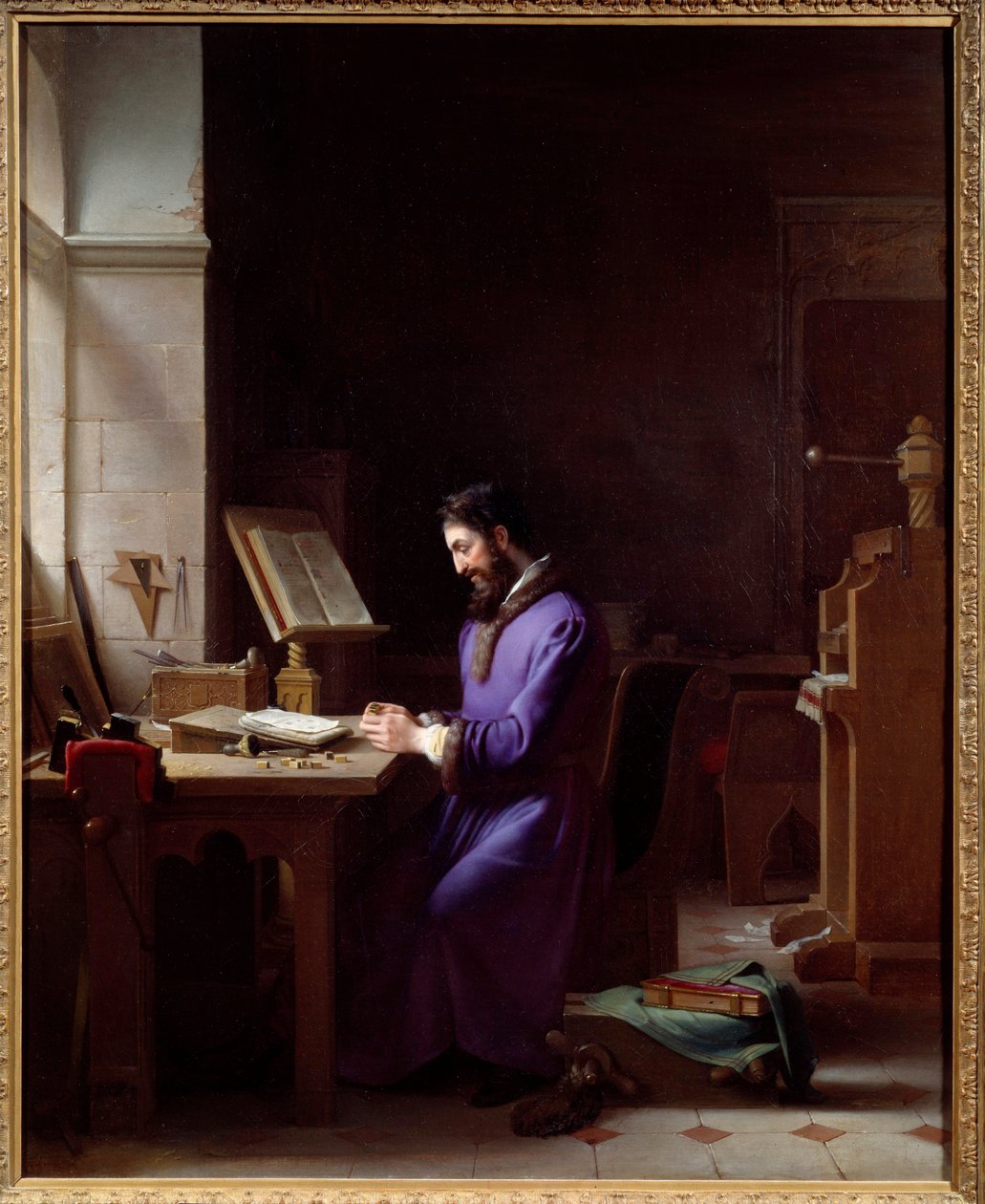 Johannes Gensfleisch Gutenberg (1400-1468) matbaayı icat ediyor Alman matbaacı, ofisinde karakterleri işleyen bir temsilcidir. Jean Antoine Laurent (1763-1832) 1830 Grenoble, Musee des Beaux Arts tarafından yapılan tablo by Jean Antoine Laurent