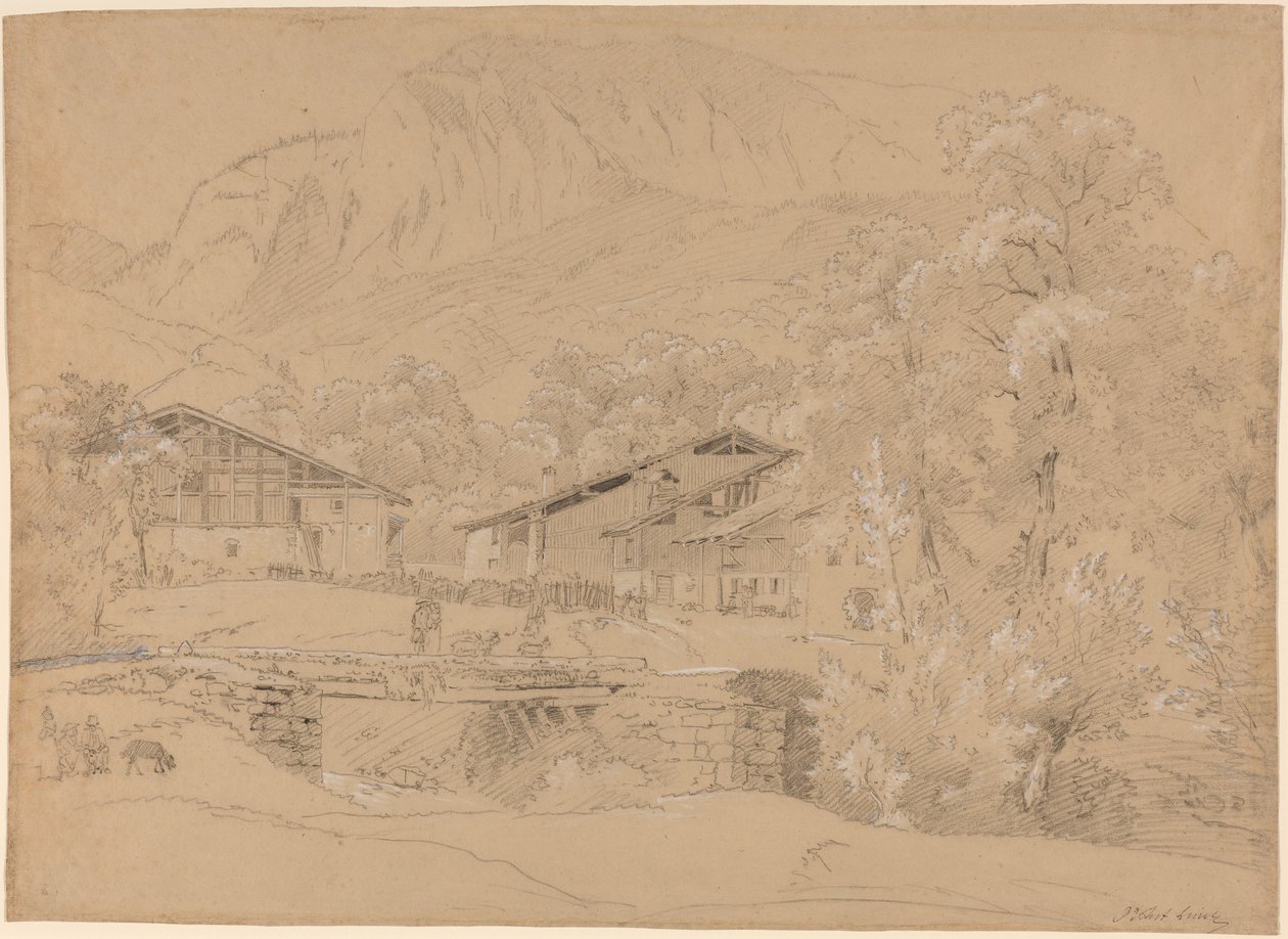Yaz Mevsiminde Bir Alp Köyü (taba rengi kağıt üzerine siyah tebeşir ve grafit üzerine beyaz tebeşir) by Jean Antoine Linck