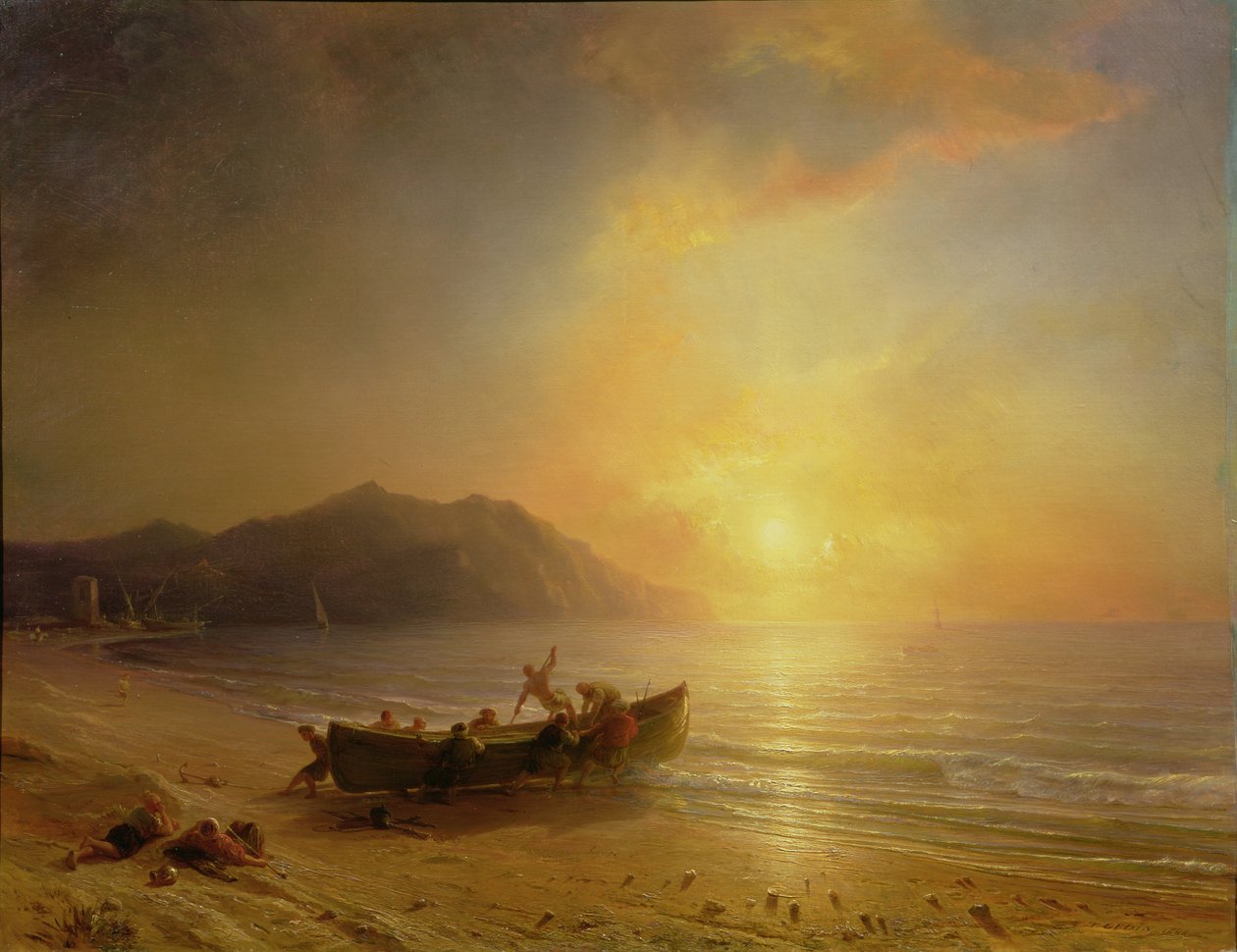 Arap Balıkçıların Gün Batımında Bir Tekne Başlattığı Bir Kıyı Manzarası by Jean Antoine Theodore Gudin