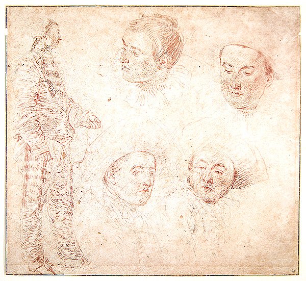 Bir Karakter ve Dört Kafa (kağıt üzerinde kırmızı tebeşir) by Jean Antoine Watteau