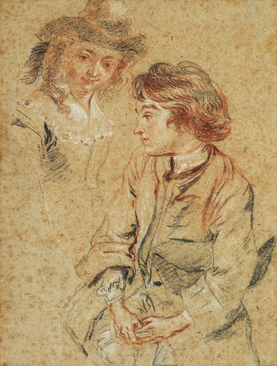 Oturan Bir Genç Adam, dörtte üç boyunda, Şapkasını tutuyor, c.1717 by Jean Antoine Watteau