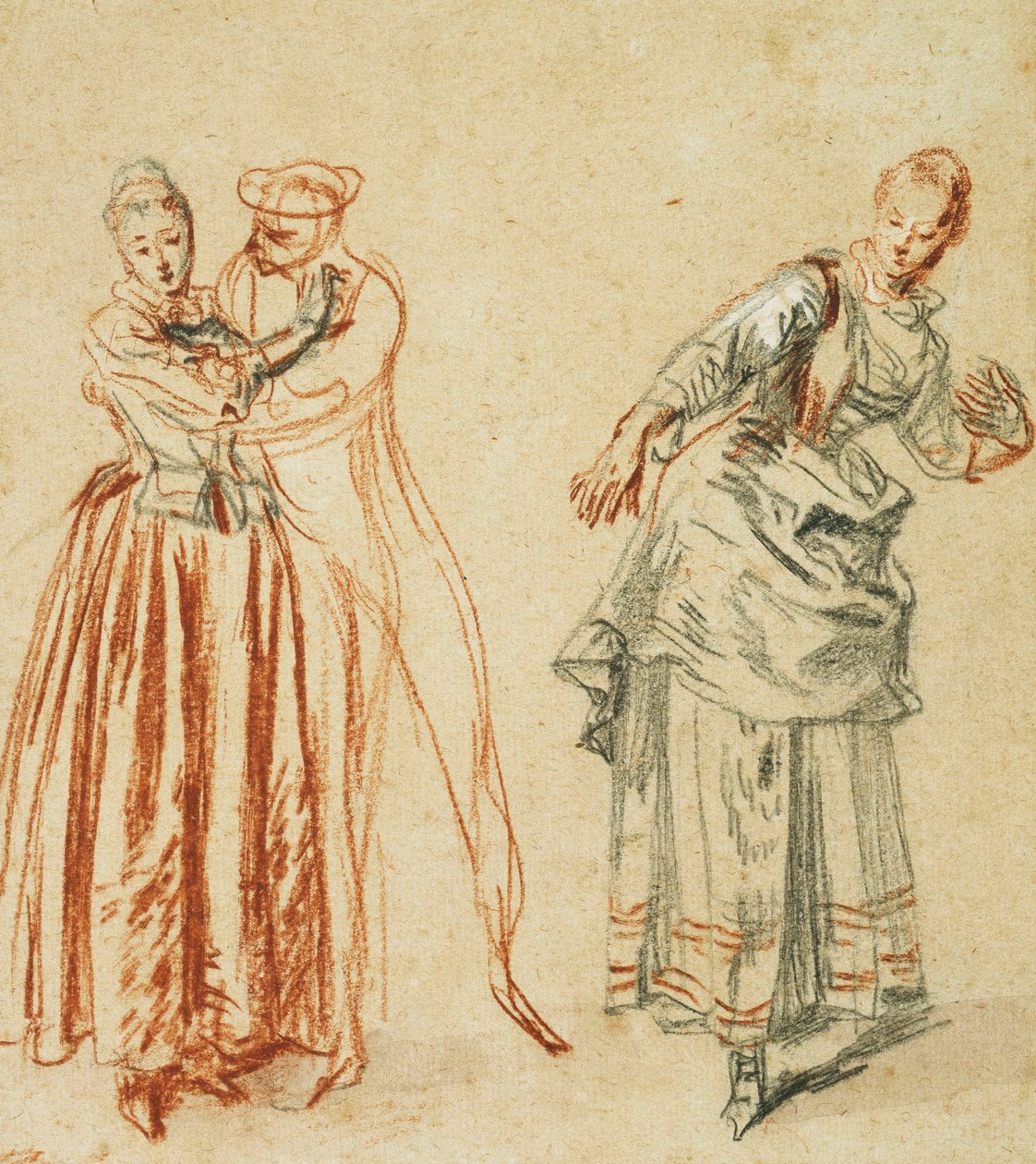Commedia dell"arte'den bir sahne: Bir komedyenin hamlelerine direnen bir kız ve bir adım atan bir aktris, c.1718 by Jean Antoine Watteau