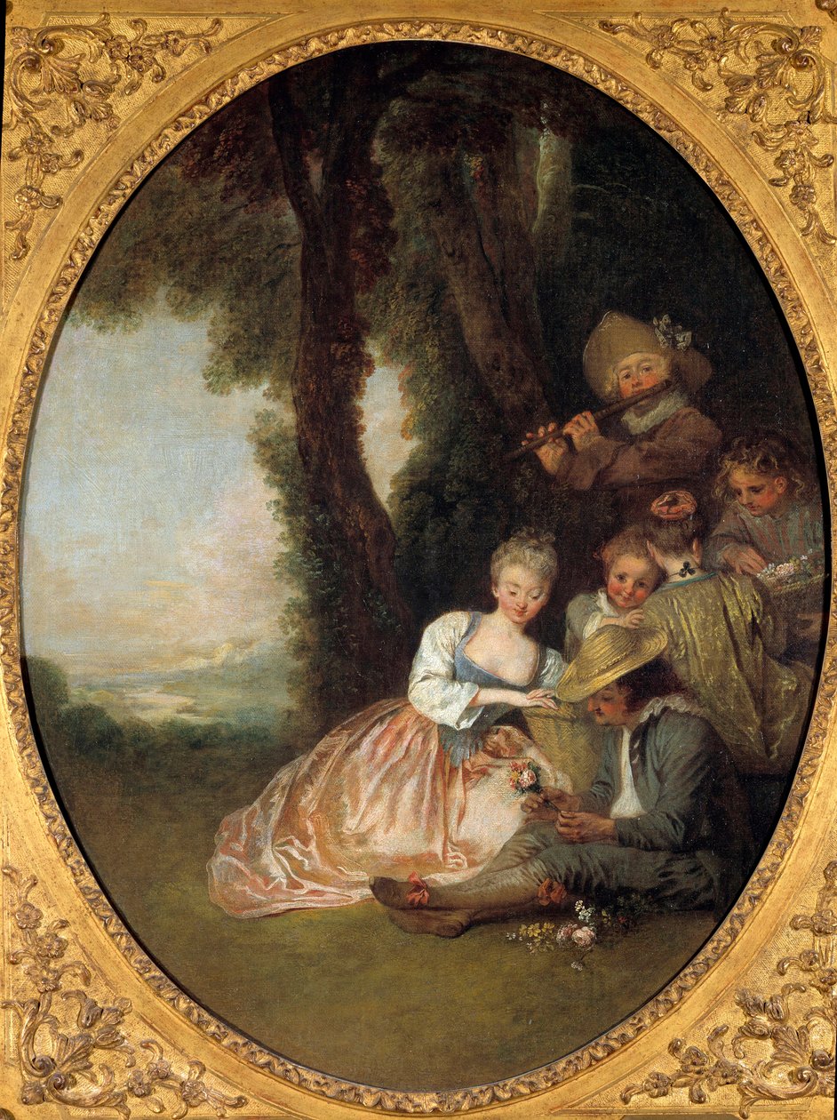 Champetre konseri veya “Beklenen açıklama””. Aşık allık içinde genç bir çift. Jean Antoine Watteau