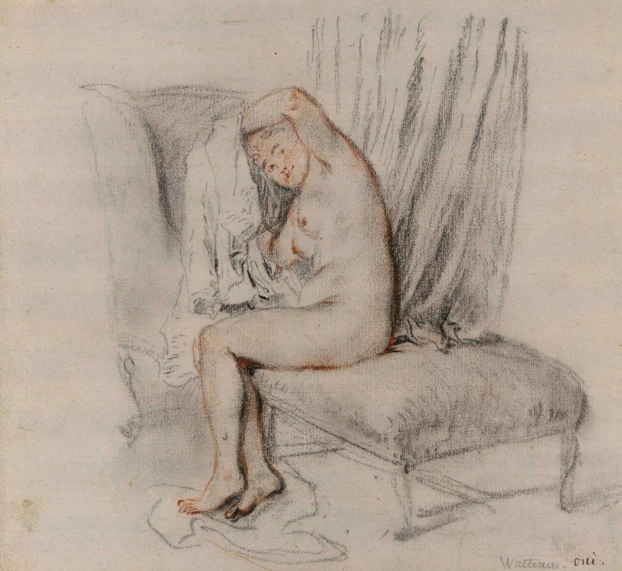 Çıplak kadın iç çamaşırını çıkarıyor, ca 1717. by Jean Antoine Watteau