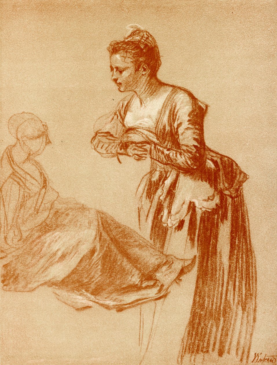 Ayakta duran ve oturan bir kız için figür çalışmaları by Jean Antoine Watteau