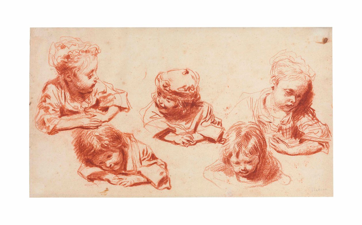 Beş çocuk çalışması (kağıt üzerinde kırmızı tebeşir) by Jean Antoine Watteau