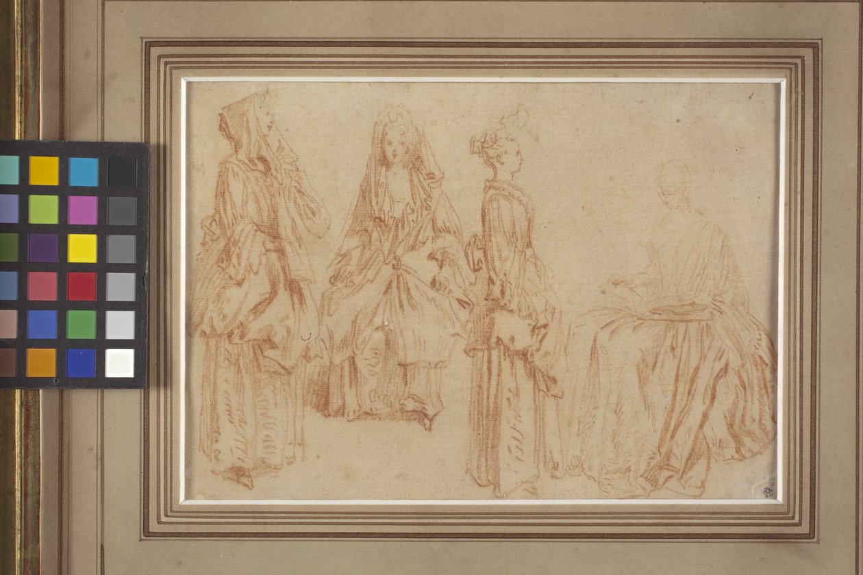 Dört Bayan (kağıt üzerine kırmızı tebeşir (sanguine)) by Jean Antoine Watteau