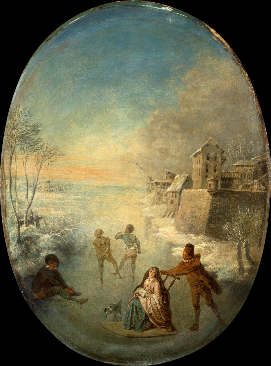 Kışın Surlarla çevrili bir Kasabanın Yanındaki Buz Üzerindeki Soylular (petrol) by Jean Antoine Watteau