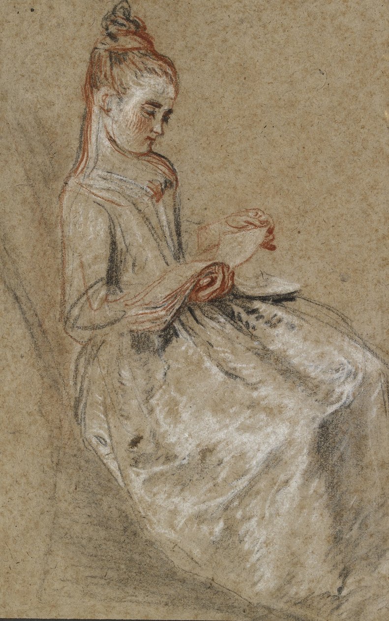 Kucağında Müzik Kitabı Oturan Kız (kaba dokulu kahverengi kağıt üzerinde siyah, kırmızı ve beyaz tebeşirler) by Jean Antoine Watteau