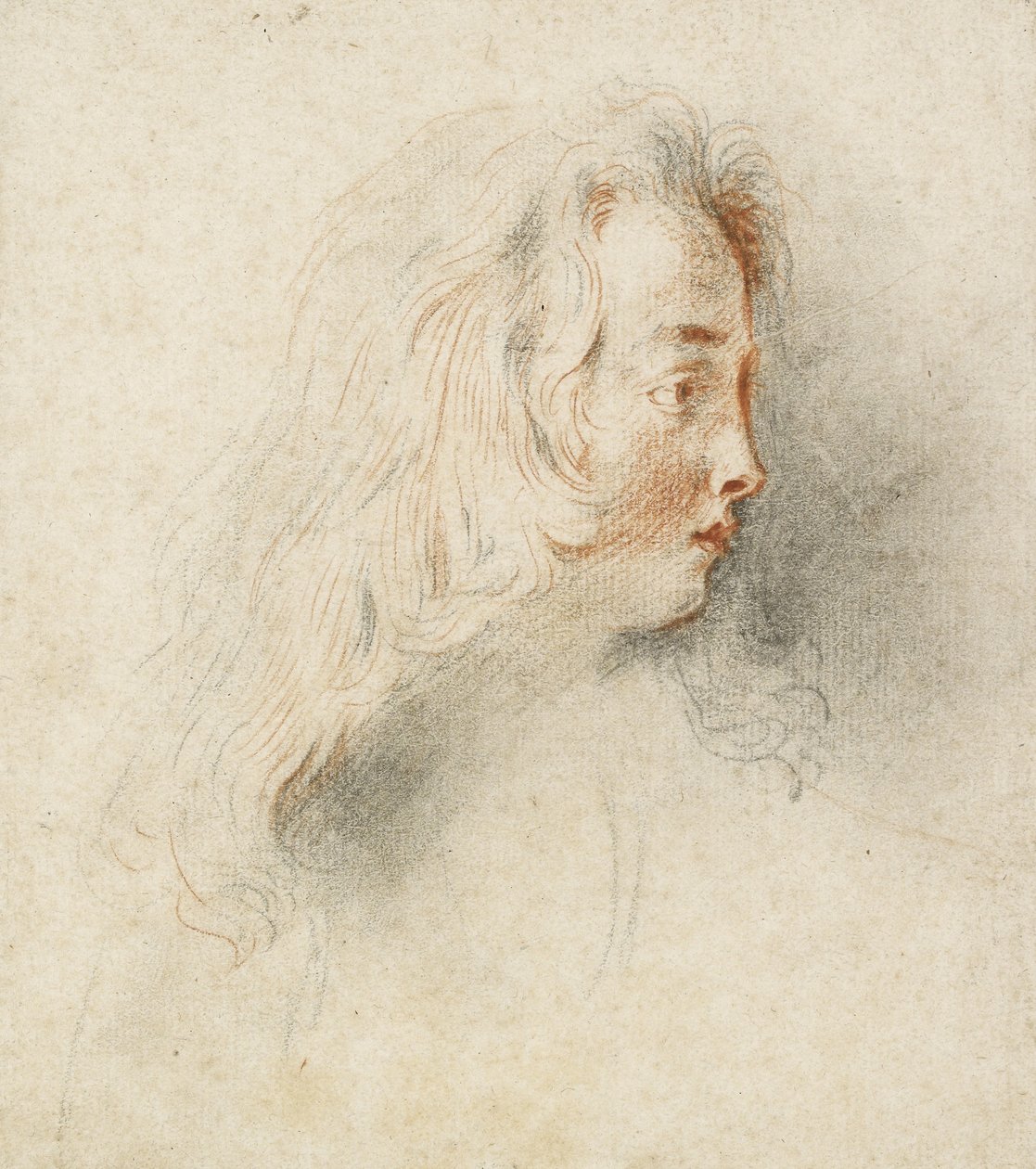 Profildeki bir çocuğun başı (kirli beyaz kağıt üzerinde siyah ve kırmızı tebeşir) by Jean Antoine Watteau