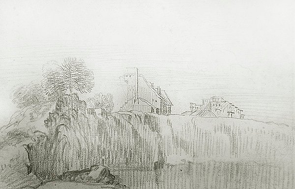 Sarp Uçurumun Kenarındaki Ev (kağıt üzerinde kırmızı tebeşir) by Jean Antoine Watteau