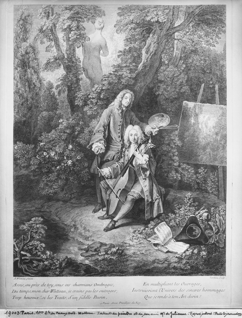 Jean Antoine Watteau ve arkadaşı Mösyö de Julienne, Nicolas Henri Tardieu (1674-1749) tarafından oyulmuş by Jean Antoine Watteau