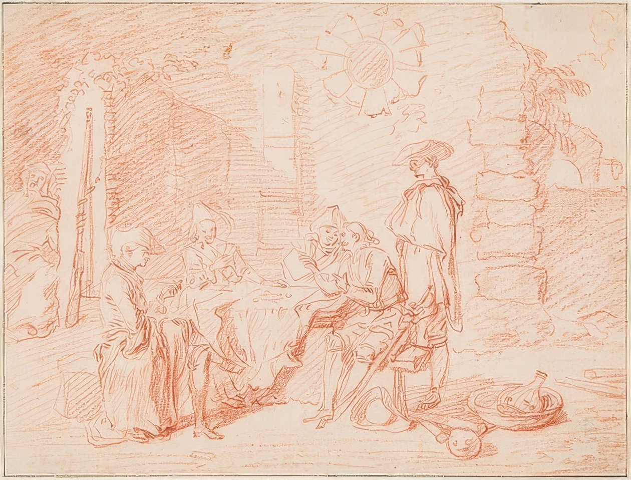 Askerler duvarın önünde kağıt oynuyor. 1709/10 by Jean Antoine Watteau