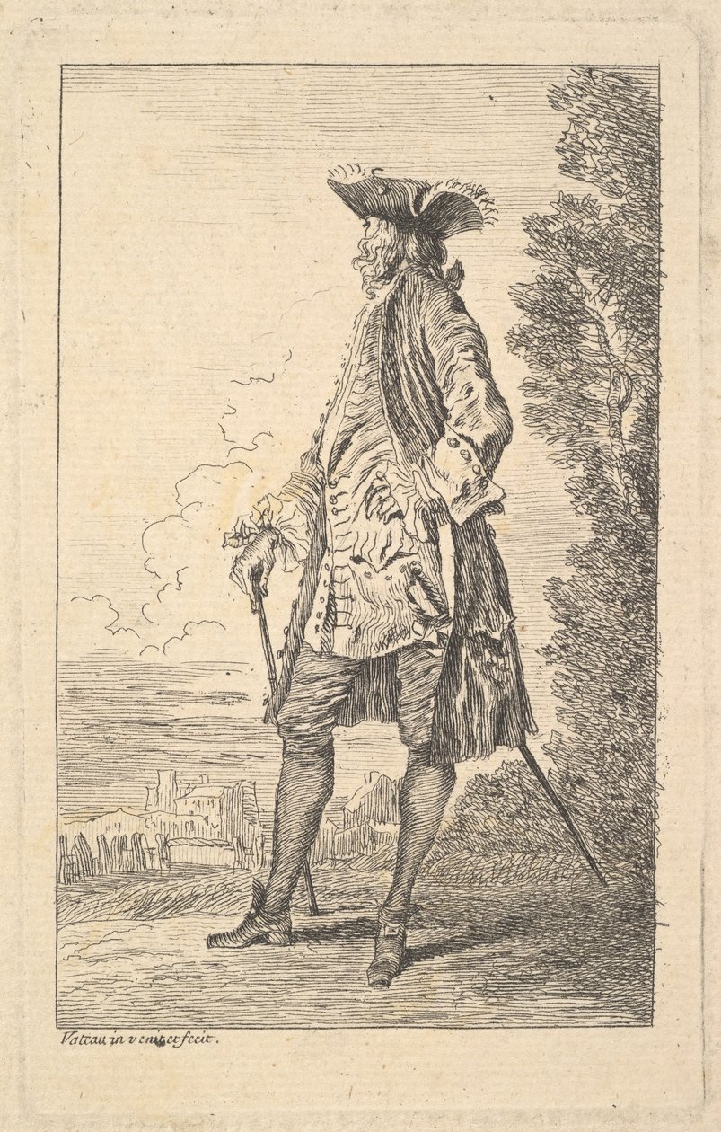 Sağ elinde baston taşıyan ve yürüyen adam, h..., ca. 1710. by Jean Antoine Watteau