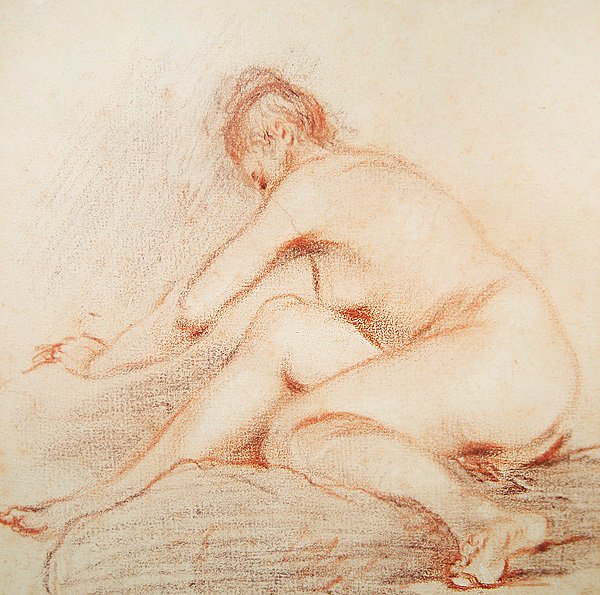 Çıplak Kadın (kağıt üzerinde kömür ve kırmızı tebeşir) by Jean Antoine Watteau