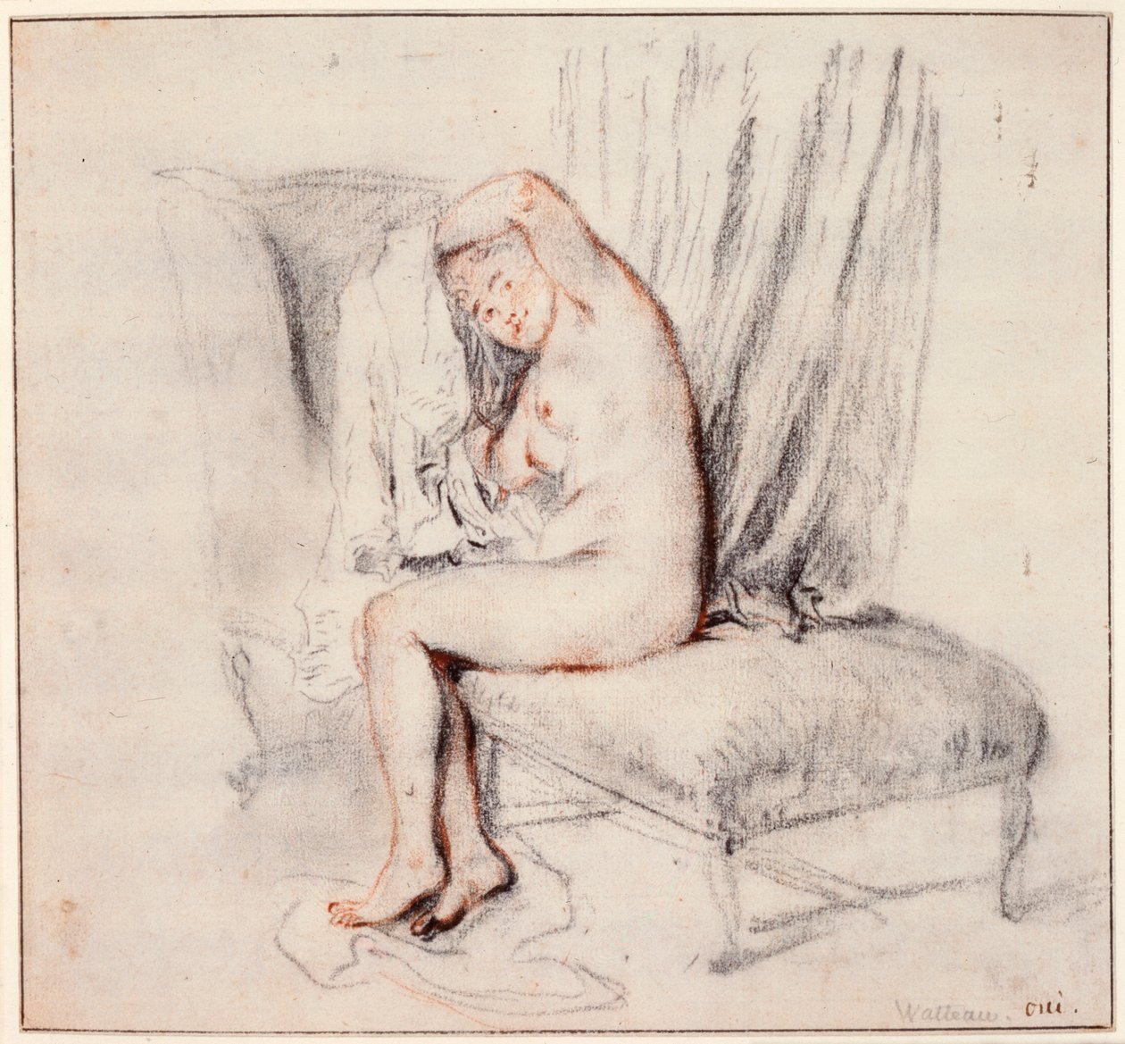 Bir şezlong üzerinde oturan, gömleğini giyen çıplak kadın, 18. yüzyıl. by Jean Antoine Watteau