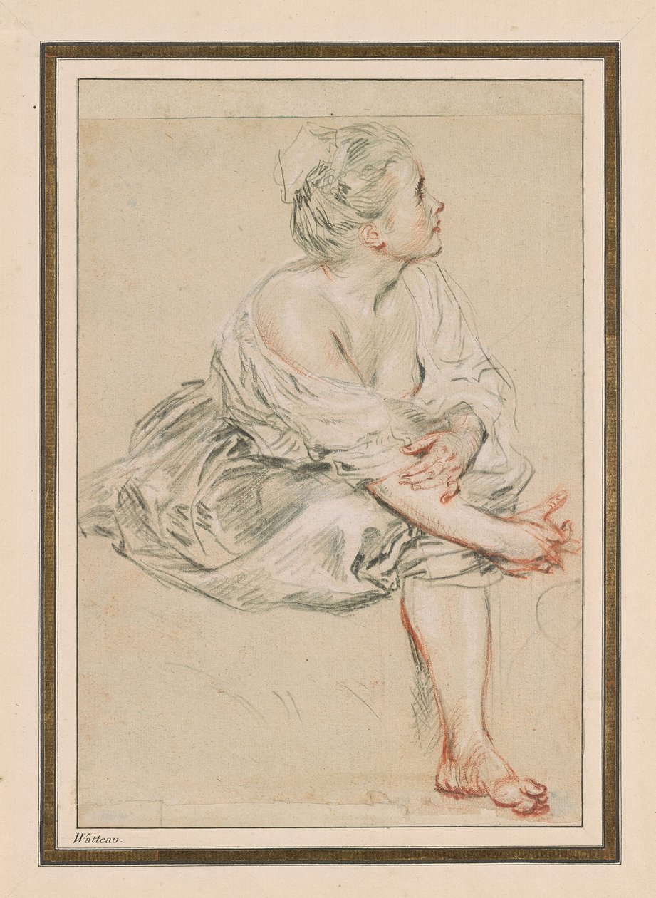 Oturan Genç Kadın, c. 1716 (kağıt üzerinde siyah, kırmızı ve beyaz tebeşir) by Jean Antoine Watteau