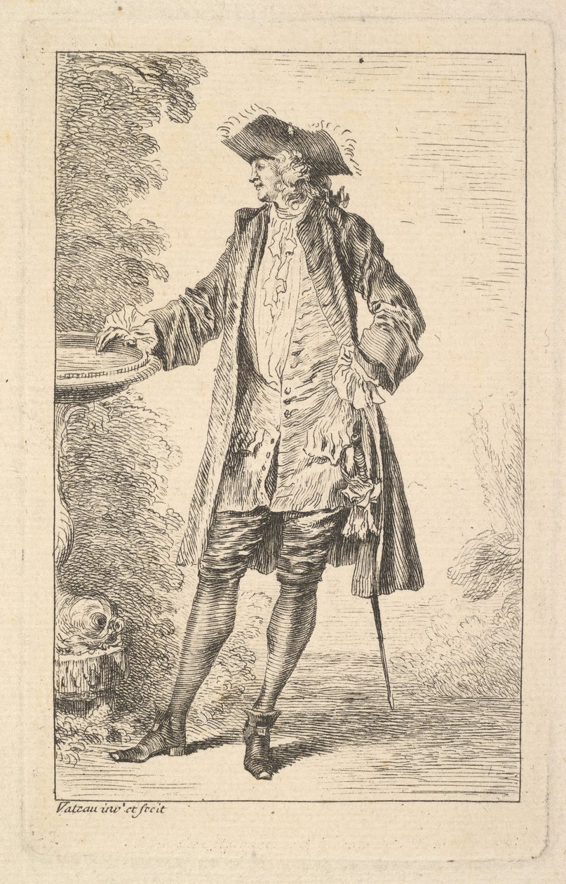 Sağ eli bir leğenin üzerinde duran ayakta duran adam, dörtte üçüyle gösterilen..., ca. 1710. by Jean Antoine Watteau