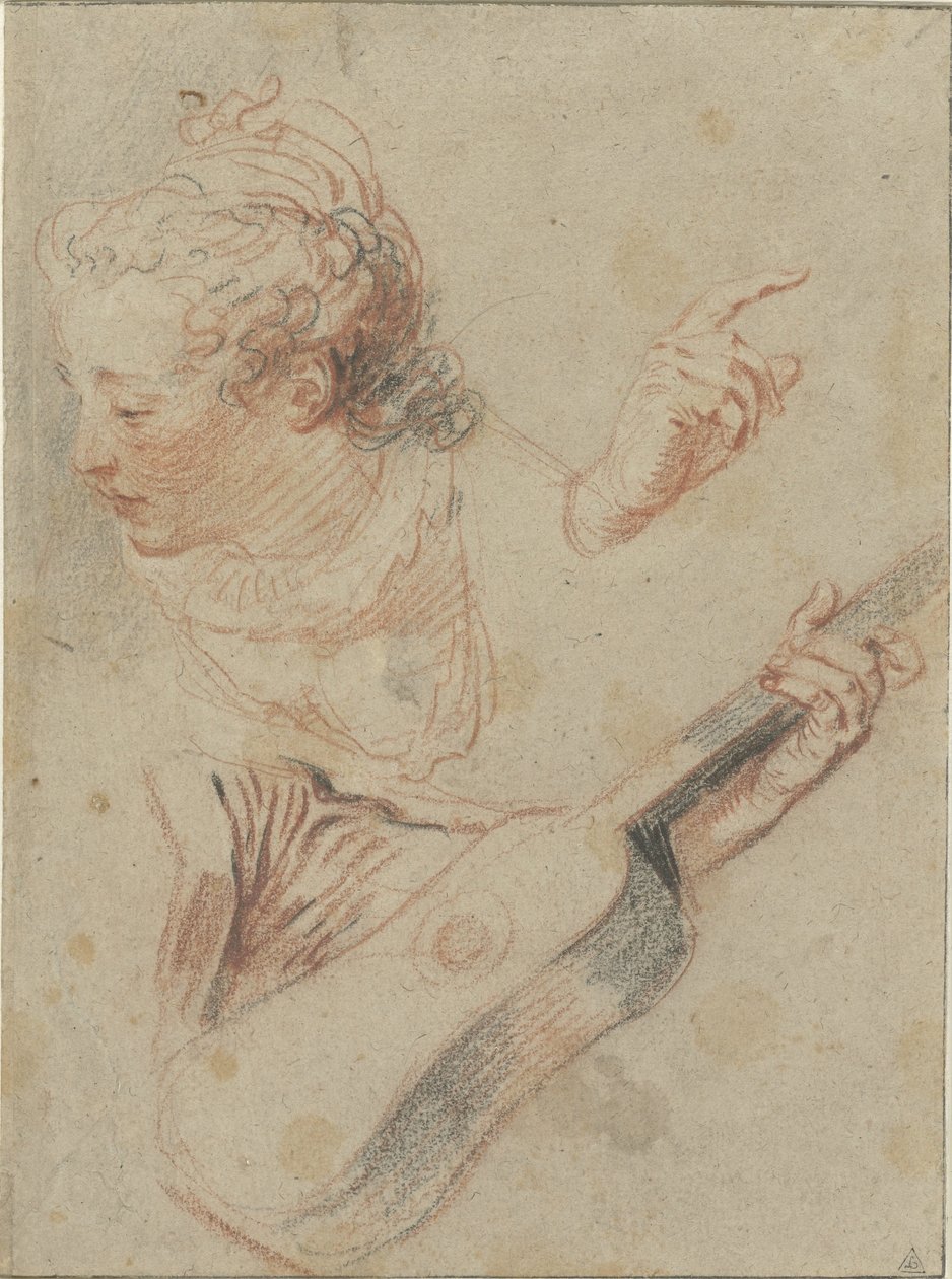 Karamsar bir kızın kafası, bir gitar ve onları çalan ellerin olduğu çalışma sayfası by Jean Antoine Watteau