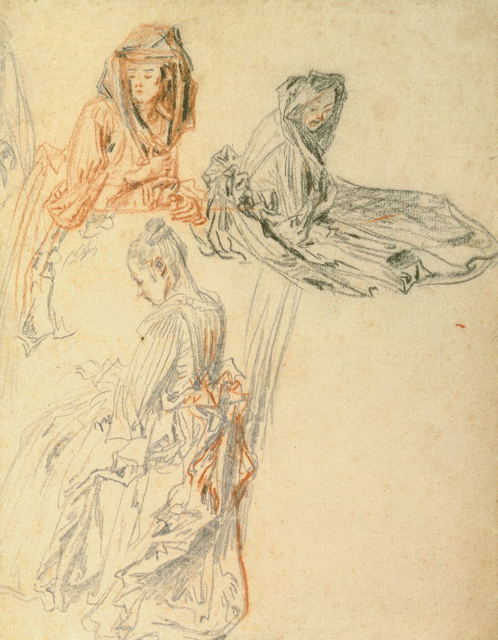 Üç Oturan Kadın Çalışmaları, c.1716-18 (kağıt üzerinde tebeşir) by Jean Antoine Watteau