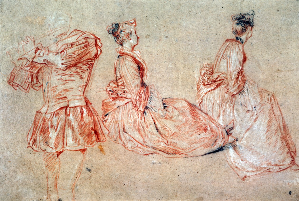 Bir Flüt Çalan ve İki Kadının Çalışması by Jean Antoine Watteau