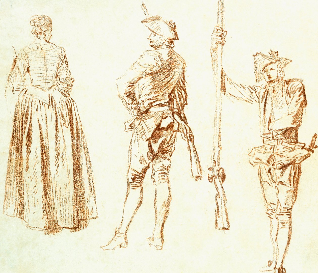 Genç bir Kadın ve iki Avcının Çalışması, c.1712-13 by Jean Antoine Watteau