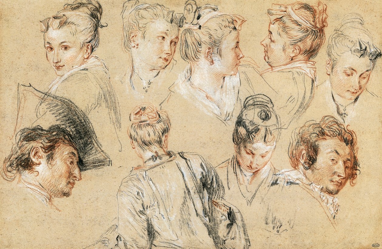 Kafaların incelenmesi, Jean-Antoine Watteau (1684-1721), çizim by Jean Antoine Watteau
