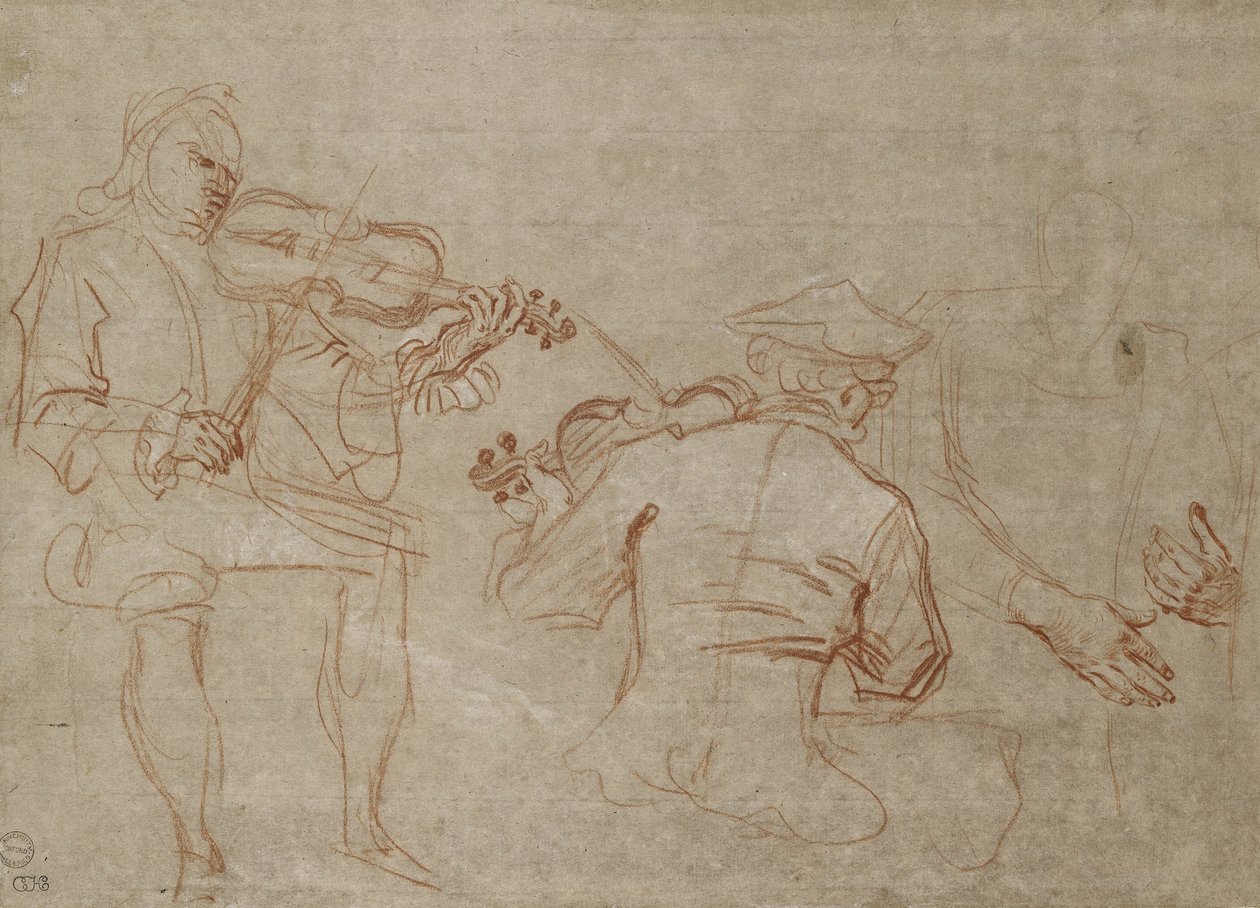 Bir Kolu tutan iki Kemancı ve bir Çift Elin incelenmesi (kağıt üzerinde kırmızı ve beyaz tebeşirler) by Jean Antoine Watteau