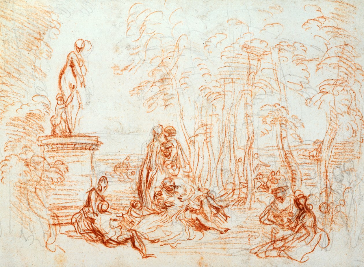 Aşkın Zevki, eskiz, 18. yüzyıl. by Jean Antoine Watteau