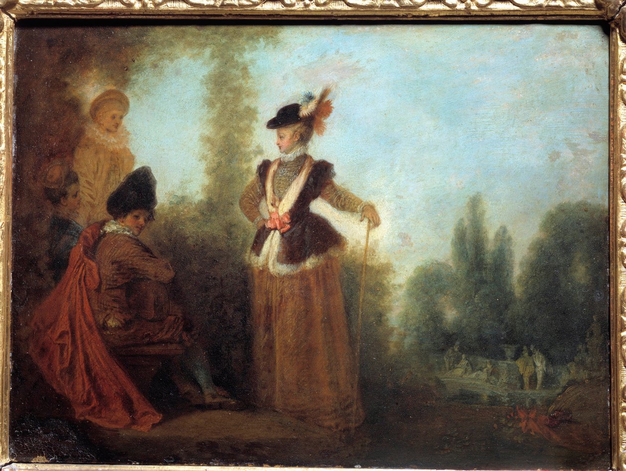 Maceracı Seyahat kıyafetleri giymiş şık bir genç kadın. Jean Antoine Watteau
