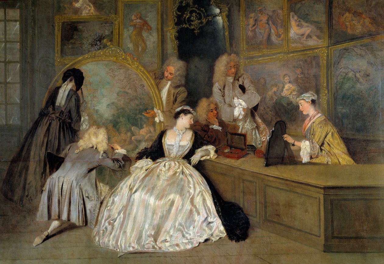 Seçim. Gersaint işaretinin sağ detayı. Bir sanat mağazasında satın almak istedikleri eserleri seçen karakterler. Edme Francois Gersaint (1694-1750), galerisi Paris