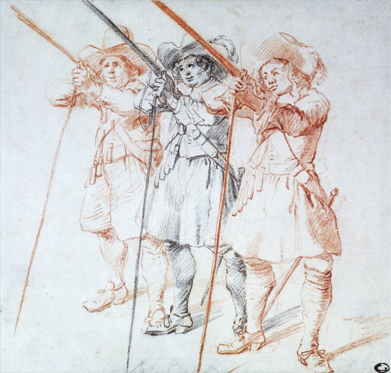 Three Arquebusiers, 1712 (kağıt üzerinde siyah ve kırmızı tebeşir) by Jean Antoine Watteau